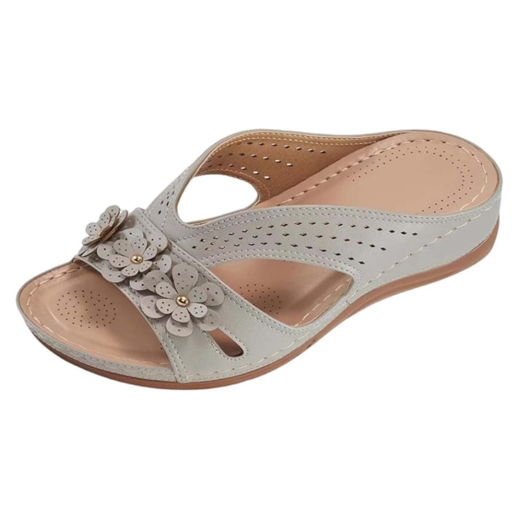Damen-Sandale aus Leder mit Blumenmuster