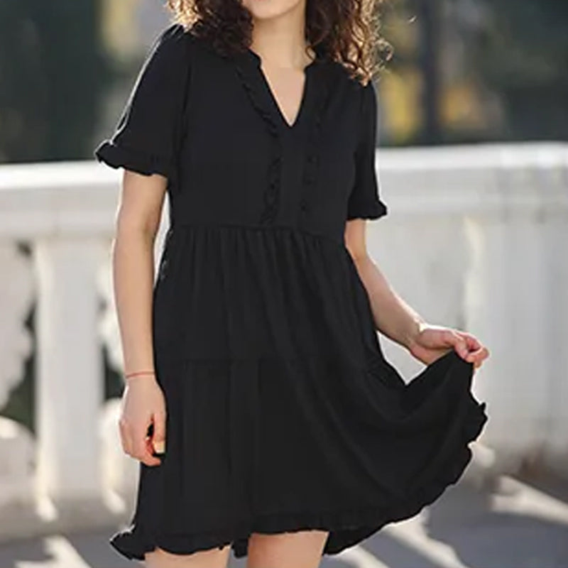 Damen-Stufenkleid mit Rüschenbesatz und V-Ausschnitt