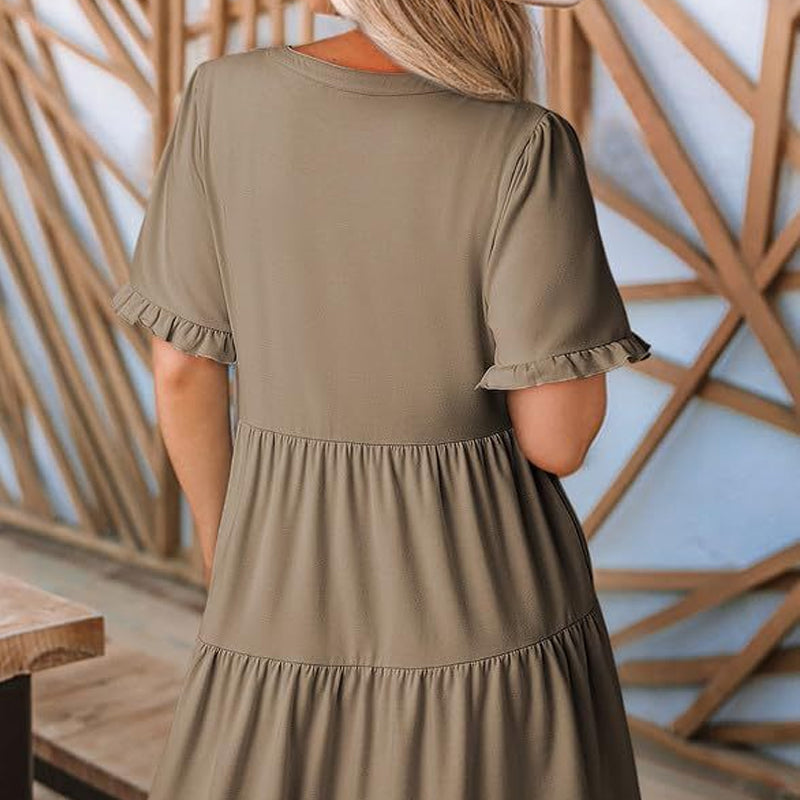 Damen-Stufenkleid mit Rüschenbesatz und V-Ausschnitt