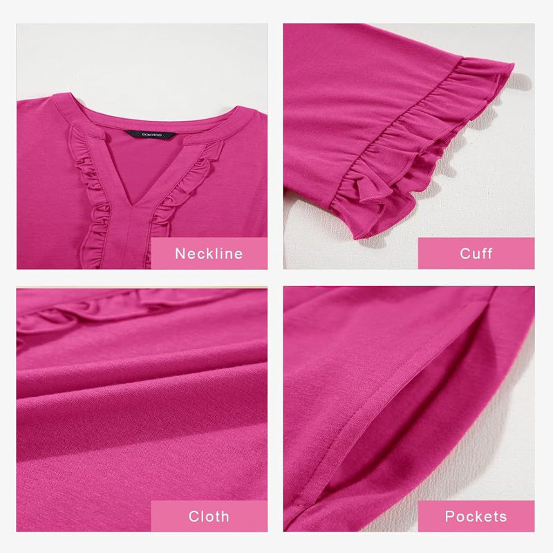 Damen-Stufenkleid mit Rüschenbesatz und V-Ausschnitt