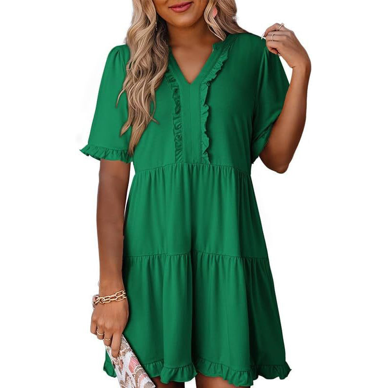 Damen-Stufenkleid mit Rüschenbesatz und V-Ausschnitt