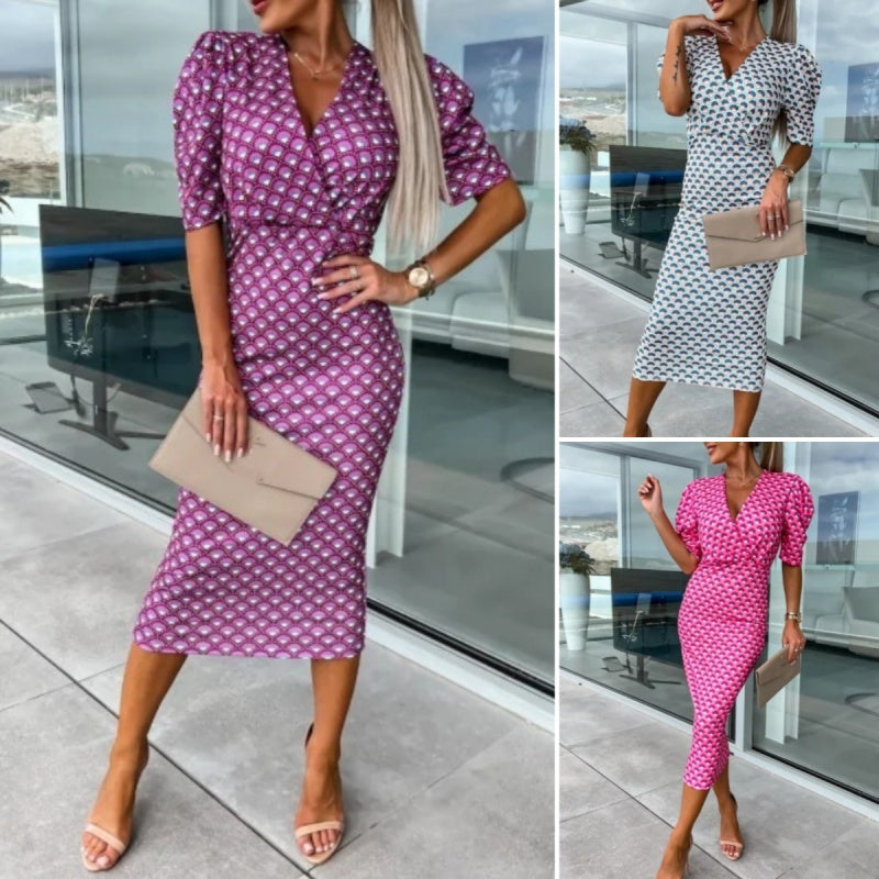 Womenswear Bedrucktes Bubble Sleeve V-Ausschnitt Kurzärmeliges Kleid mit V-Ausschnitt Taille