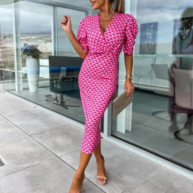 Womenswear Bedrucktes Bubble Sleeve V-Ausschnitt Kurzärmeliges Kleid mit V-Ausschnitt Taille
