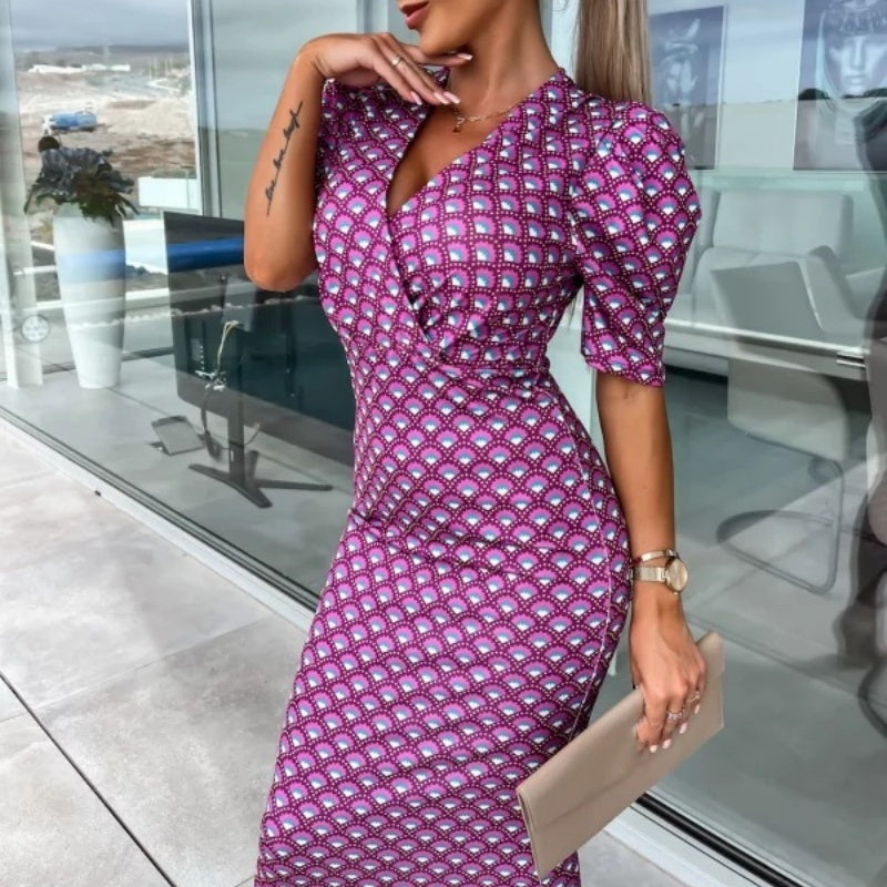 Womenswear Bedrucktes Bubble Sleeve V-Ausschnitt Kurzärmeliges Kleid mit V-Ausschnitt Taille