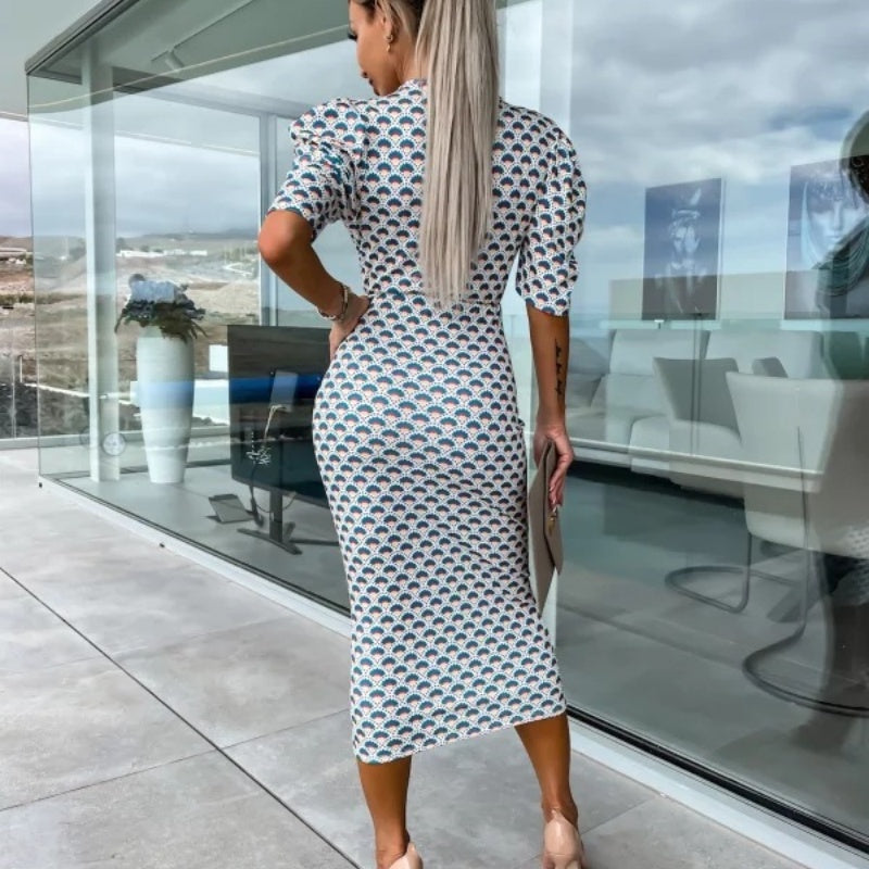 Womenswear Bedrucktes Bubble Sleeve V-Ausschnitt Kurzärmeliges Kleid mit V-Ausschnitt Taille