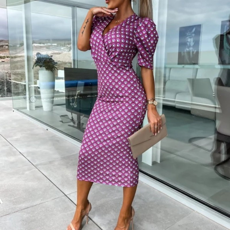 Womenswear Bedrucktes Bubble Sleeve V-Ausschnitt Kurzärmeliges Kleid mit V-Ausschnitt Taille