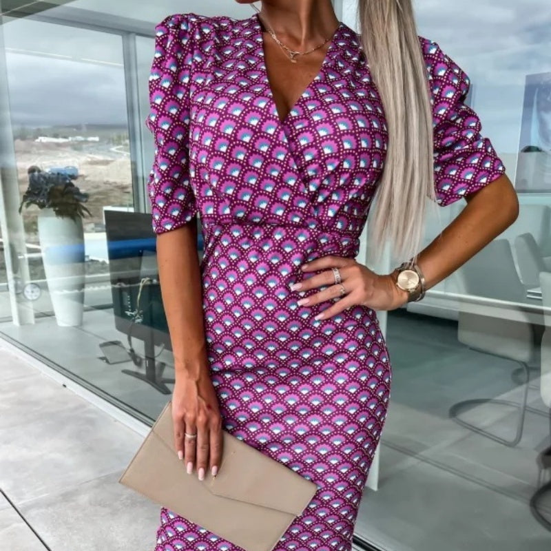 Womenswear Bedrucktes Bubble Sleeve V-Ausschnitt Kurzärmeliges Kleid mit V-Ausschnitt Taille