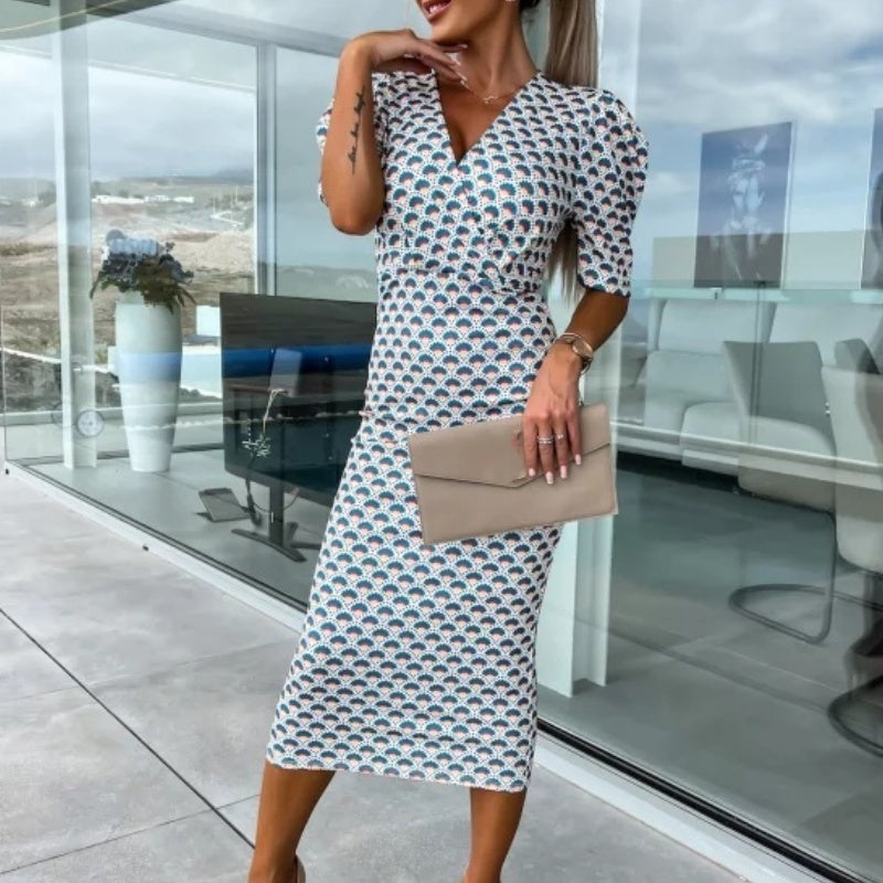 Womenswear Bedrucktes Bubble Sleeve V-Ausschnitt Kurzärmeliges Kleid mit V-Ausschnitt Taille