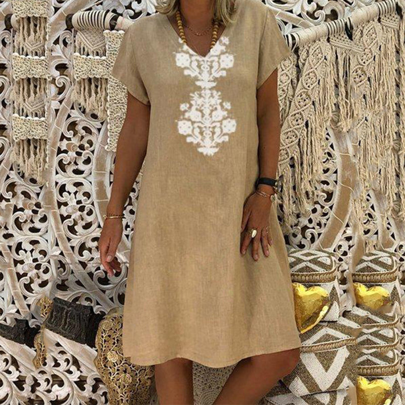Bedrucktes knielanges Kleid mit V-Ausschnitt für Damen