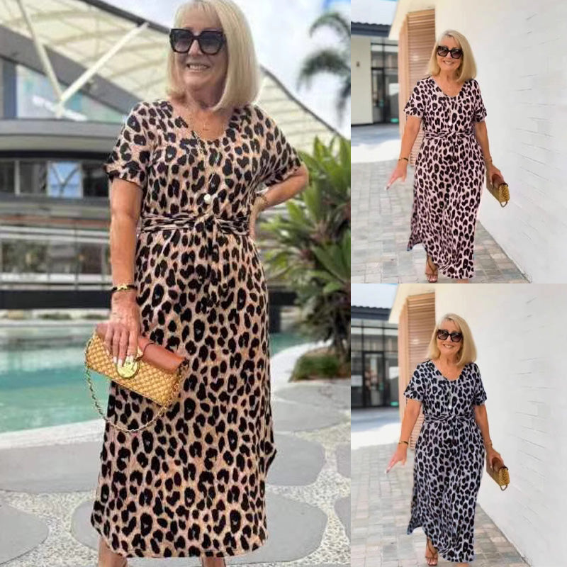 🔥Damenkleid mit Leopardenmuster und V-Ausschnitt– Verstellbarer Bund & 4 Jahreszeiten