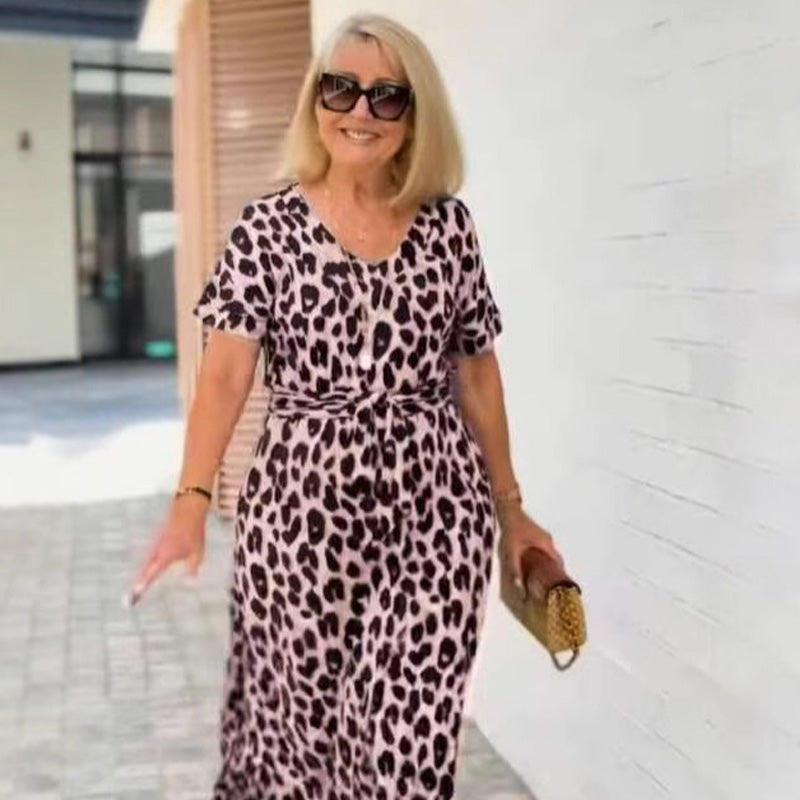 🔥Damenkleid mit Leopardenmuster und V-Ausschnitt– Verstellbarer Bund & 4 Jahreszeiten