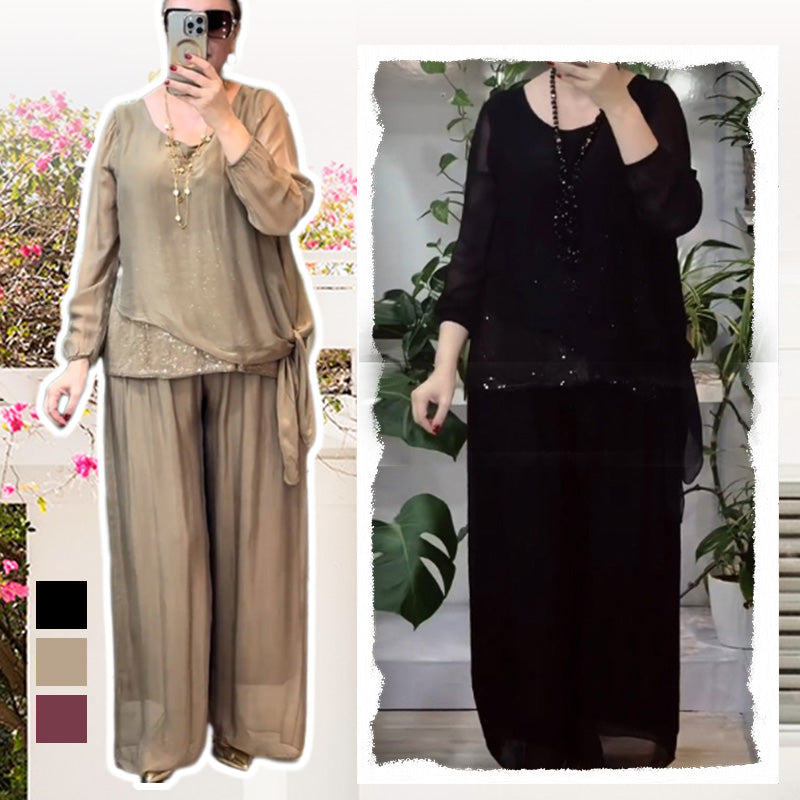 2-teiliges Set aus Paillettenbluse und weit geschnittener Hose für Damen