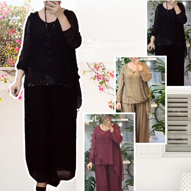 2-teiliges Set aus Paillettenbluse und weit geschnittener Hose für Damen