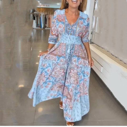 🔥Frauen elegantes Blumenzeichnungen mit langem Kleid