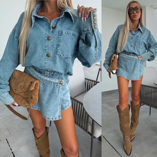 ✨Damen Sommer Denim Set Oversized Shirt & Rock Shorts