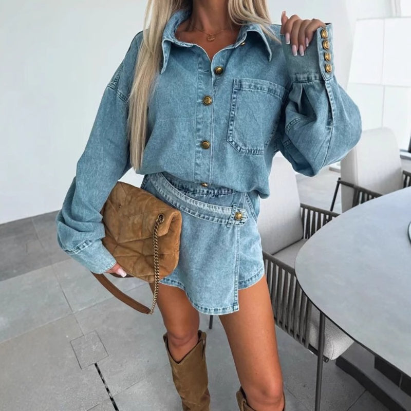 ✨Damen Sommer Denim Set Oversized Shirt & Rock Shorts