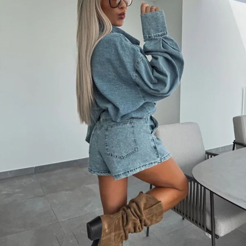 ✨Damen Sommer Denim Set Oversized Shirt & Rock Shorts