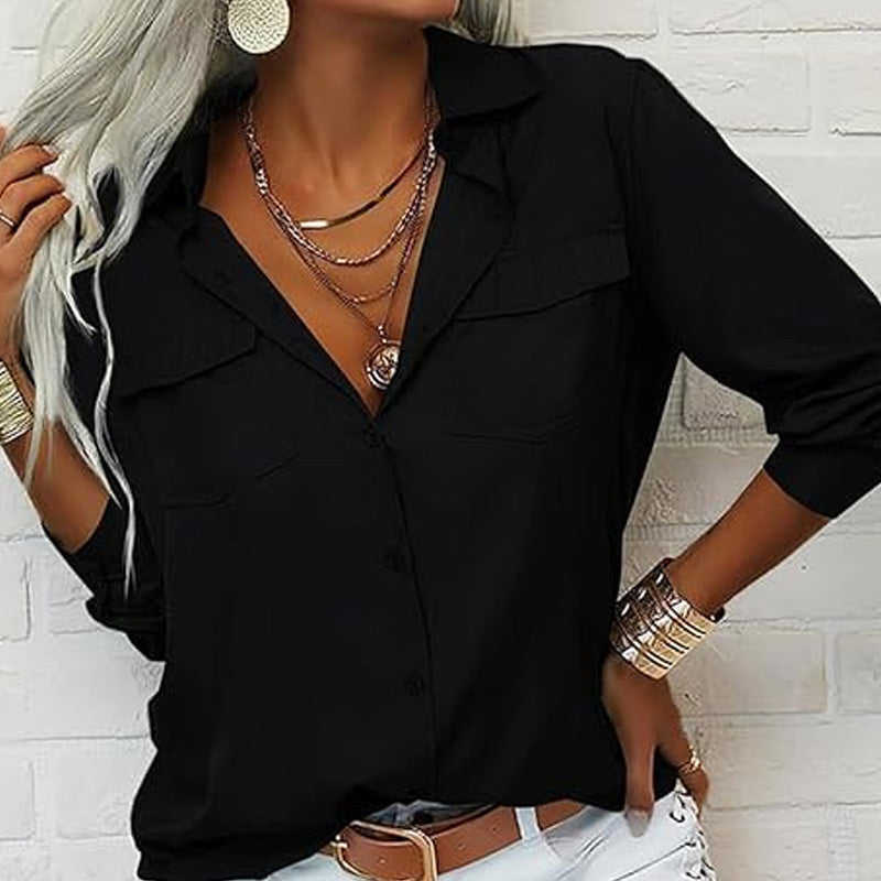 Damen-Hemd mit einfarbigem Revers und langen Ärmeln und Button-Down-Kragen