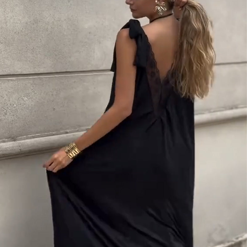 Damenkleid mit V-Ausschnitt und Spitzenband an den Schultern