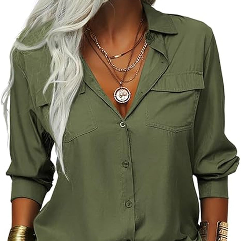 Damen-Hemd mit einfarbigem Revers und langen Ärmeln und Button-Down-Kragen
