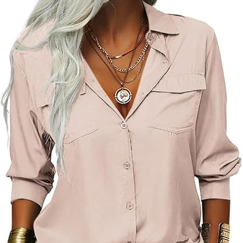 Damen-Hemd mit einfarbigem Revers und langen Ärmeln und Button-Down-Kragen