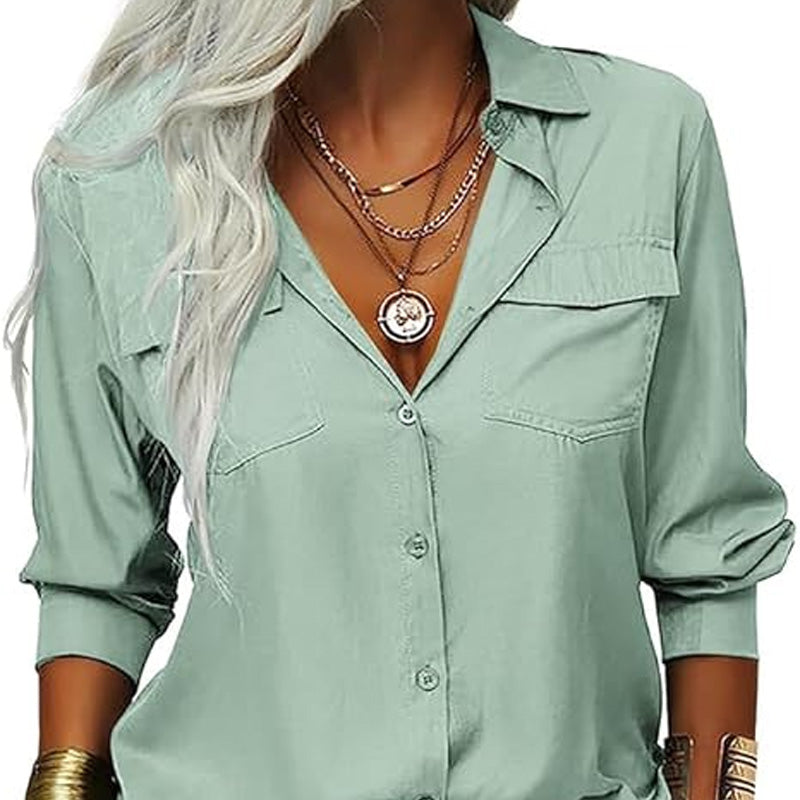 Damen-Hemd mit einfarbigem Revers und langen Ärmeln und Button-Down-Kragen