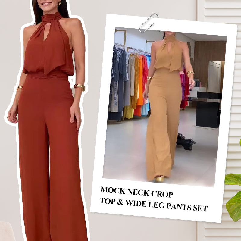 Set aus bauchfreiem Top mit Stehkragen und Hose mit weitem Bein