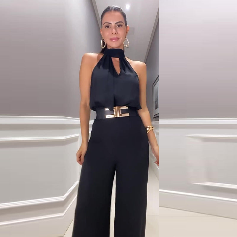 Set aus bauchfreiem Top mit Stehkragen und Hose mit weitem Bein