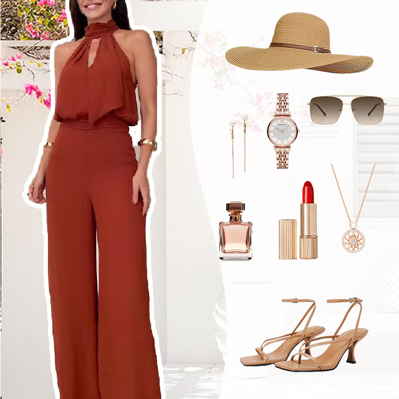 Set aus bauchfreiem Top mit Stehkragen und Hose mit weitem Bein