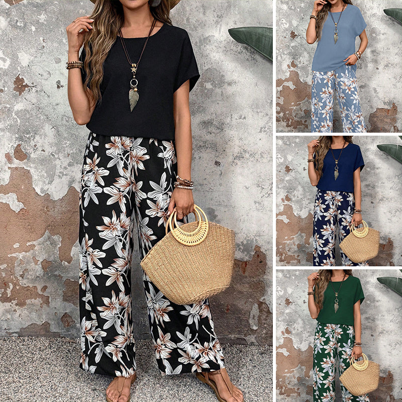 🌸 Lässiges Damen-Set mit weiten Hosen und kurzärmligem Oberteil mit Blumenmuster