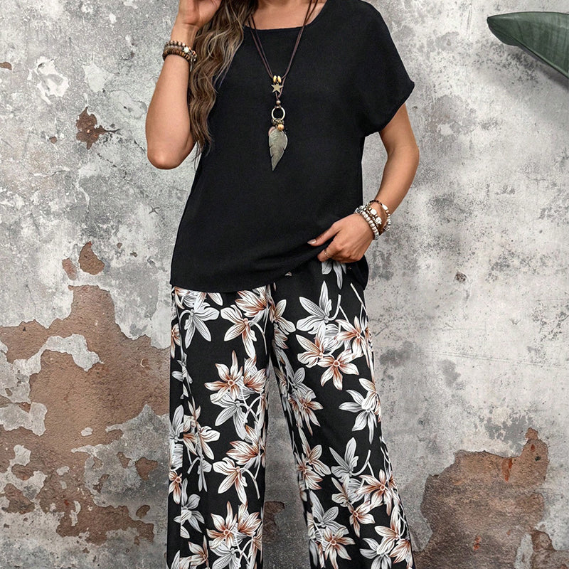 🌸 Lässiges Damen-Set mit weiten Hosen und kurzärmligem Oberteil mit Blumenmuster