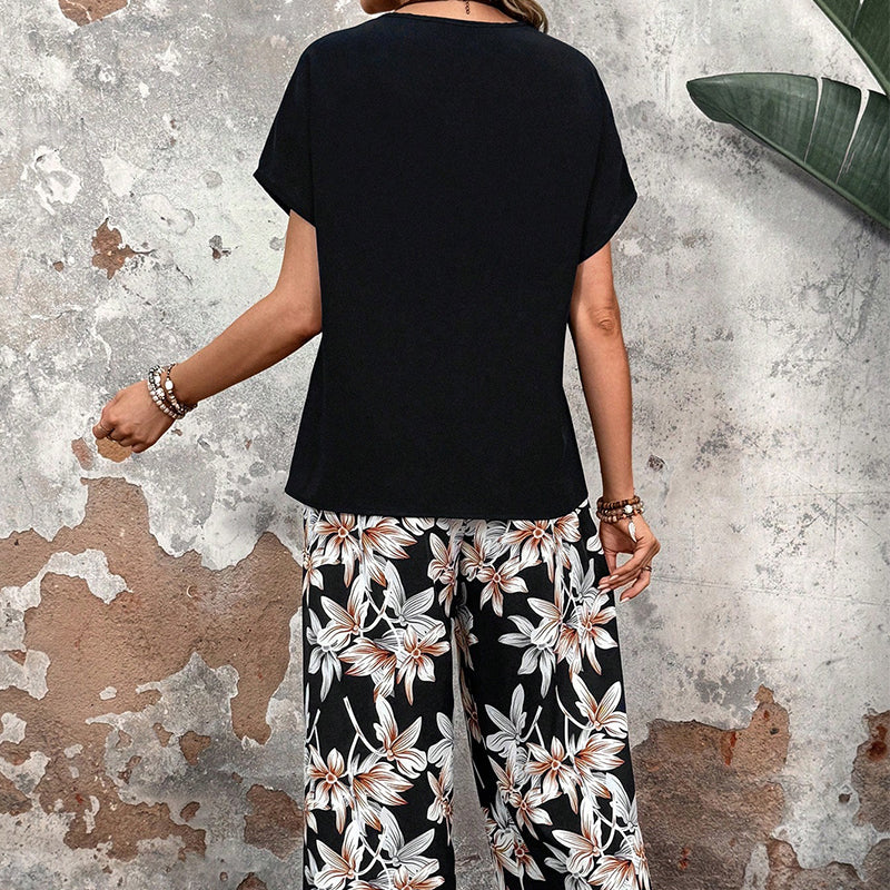 🌸 Lässiges Damen-Set mit weiten Hosen und kurzärmligem Oberteil mit Blumenmuster