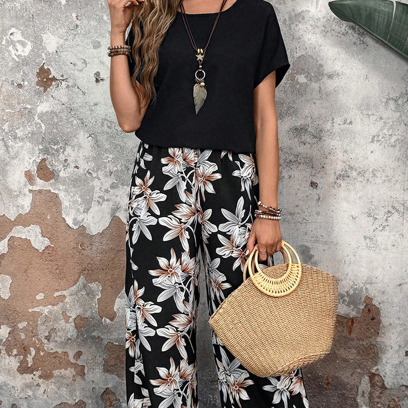 🌸 Lässiges Damen-Set mit weiten Hosen und kurzärmligem Oberteil mit Blumenmuster