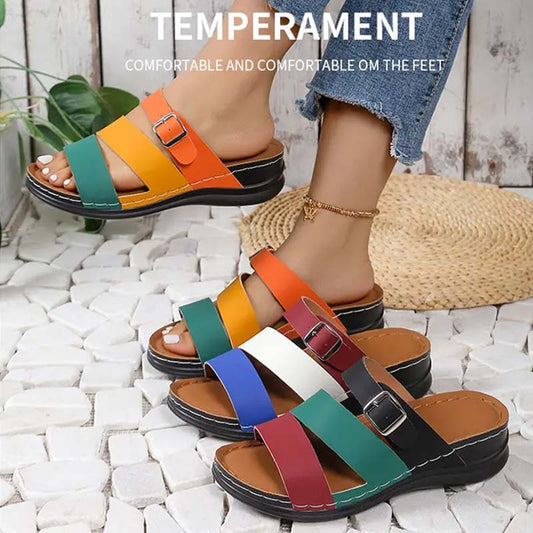 Damen Sandalen Hausschuhe mit Colorblock, Keilabsatz und dicken Sohlen