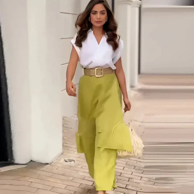 Elegantes zweiteiliges Damen-Set mit V-Ausschnitt, Oberteil und Hose mit weitem Bein