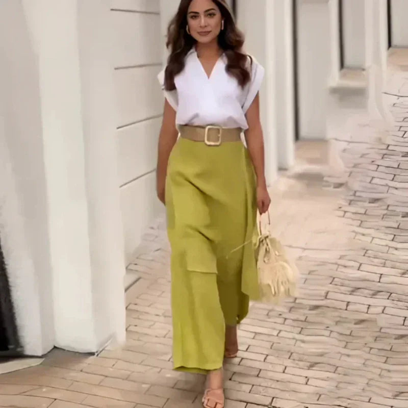Elegantes zweiteiliges Damen-Set mit V-Ausschnitt, Oberteil und Hose mit weitem Bein