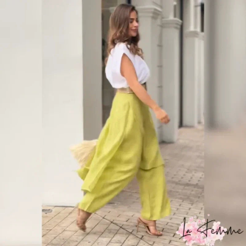 Elegantes zweiteiliges Damen-Set mit V-Ausschnitt, Oberteil und Hose mit weitem Bein