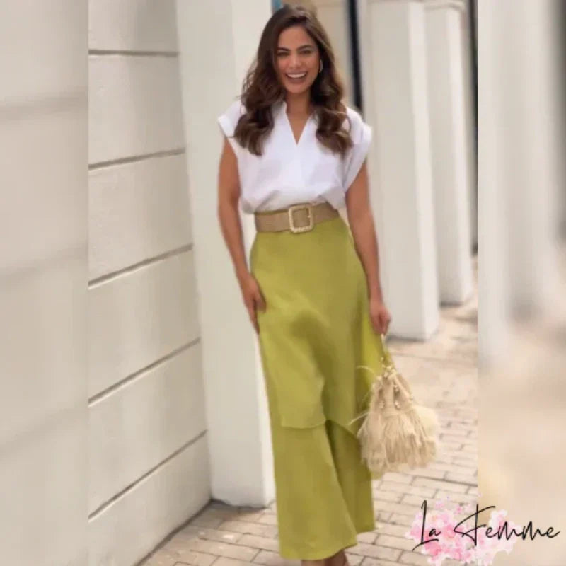 Elegantes zweiteiliges Damen-Set mit V-Ausschnitt, Oberteil und Hose mit weitem Bein