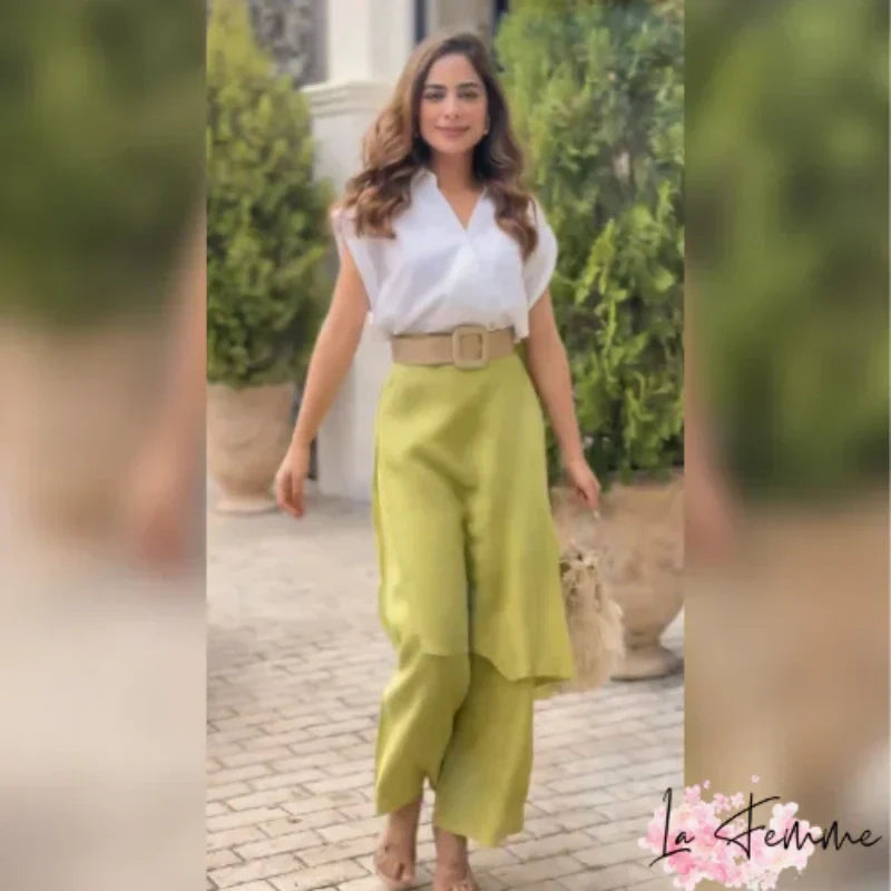 Elegantes zweiteiliges Damen-Set mit V-Ausschnitt, Oberteil und Hose mit weitem Bein