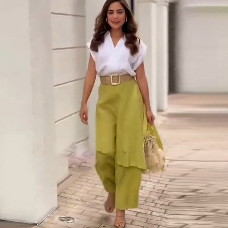Elegantes zweiteiliges Damen-Set mit V-Ausschnitt, Oberteil und Hose mit weitem Bein