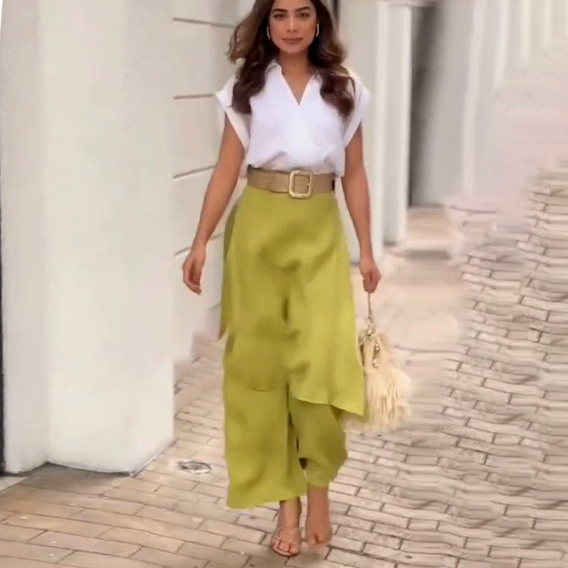 Elegantes zweiteiliges Damen-Set mit V-Ausschnitt, Oberteil und Hose mit weitem Bein