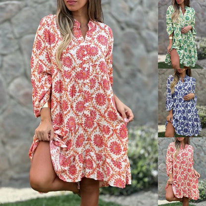 Bedrucktes Hemdkleid mit Knopfleiste und V-Ausschnitt für Damen