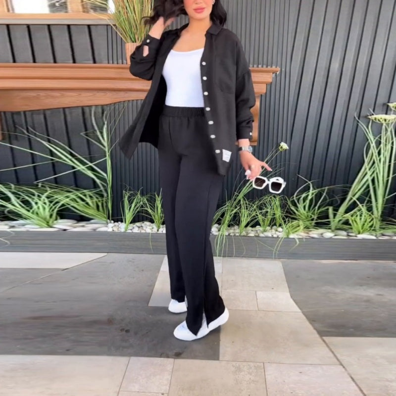 Damen Casual Loose Langarmshirt Hohe Taille Split Wide Leg Pants Set