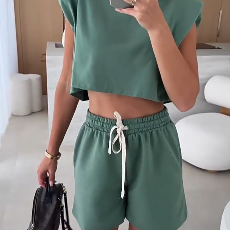 🔥Women's Fashion Solid Colour Ärmelloses Top und Shorts Zweiteiliges Set