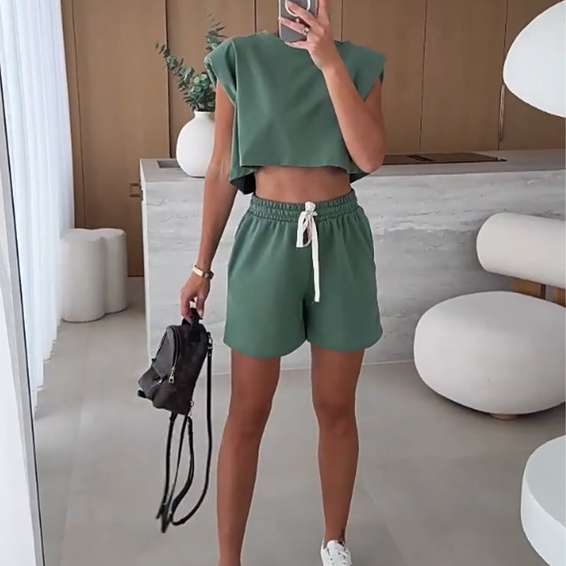 🔥Women's Fashion Solid Colour Ärmelloses Top und Shorts Zweiteiliges Set