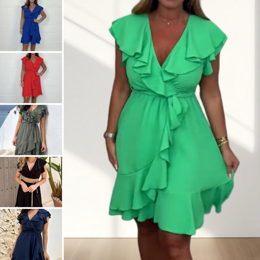 Elegantes Rüschenkleid mit Taillenschnürung und V-Ausschnitt für Damen