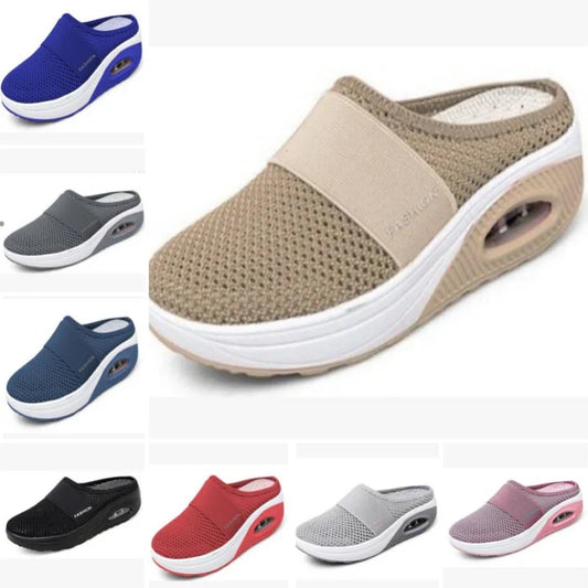 Lässige Mesh-Hausschuhe mit flacher Sohle und schrägem Absatz für Damen