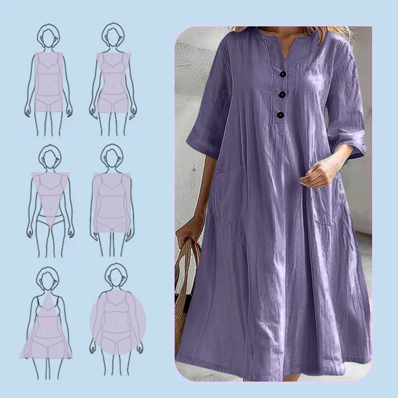 Locker sitzendes Damenkleid mit V-Ausschnitt und Taschen