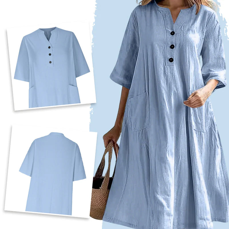 Locker sitzendes Damenkleid mit V-Ausschnitt und Taschen