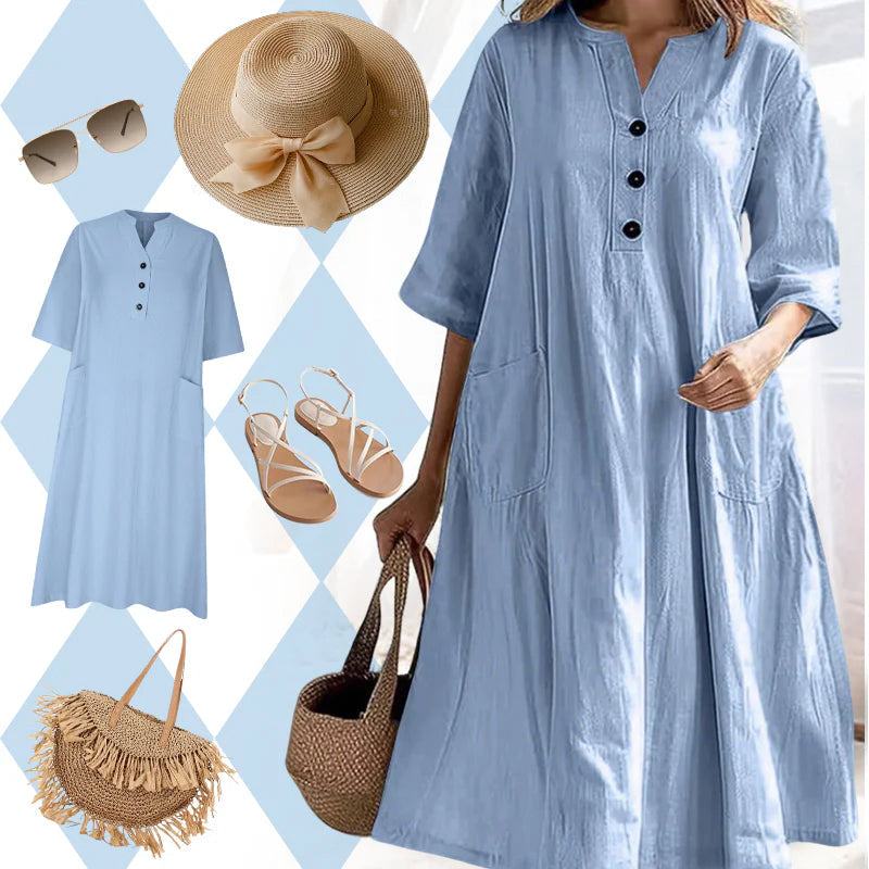 Locker sitzendes Damenkleid mit V-Ausschnitt und Taschen